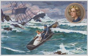 Grace Darling roeit met haar vader uit om overlevenden te redden van het schip dat schipbreuk leed, de "Forfarshire" in 1838. (chromolitho) door Unknown artist