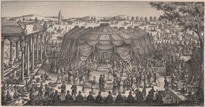 Groot banket gegeven door Tamerlan (1336-1405) in de vlakte van Khani Gheul om het huwelijk van zijn kleinkinderen te vieren. Gravure 19e eeuw.