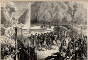 Groot magazijn van 14 augustus: Keizer Napoleon III (1808-1873), gevolgd door zijn staf, steekt de Tuilerieën-tuin in Parijs over. Zijn zoon, de keizerlijke prins Eugène Louis Joseph (1856-1879), is aan zijn rechterzijde. Gravure in 