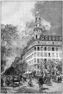 Grote boulevards en Haussmann-gebouwen in Parijs: Hotel de la Compagnie "La New York" boulevard des Italiens. Gravure in "Le Monde Illustré"