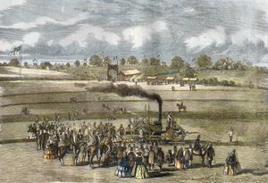 Groot-Brittannië: Landbouw, ploegscène. Boydell stoomploeg bij Louth in 1854.