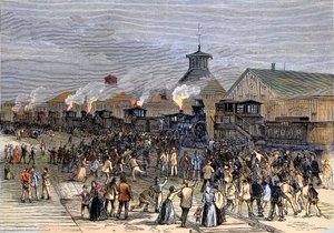 Grote spoorwegstaking in 1877, blokkade van locomotieven in Martinsburg, West Virginia door Unknown artist
