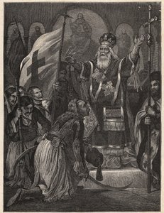 Griekse Onafhankelijkheidsoorlog 1821 - 1829: bisschop Germanos III van Oud-Patras (Georgios Gotzias) zegent de vlag van de strijd voor vrijheid, Agia Lavra-klooster, 21 maart 1821 - gravure naar schilderij door Unknown artist