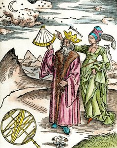 Griekse astronoom Claudius Ptolemaeus met een sextant en astronomie door Unknown artist
