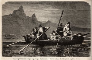 Groenlandse Umyak, type boot bediend door vrouwen. Gravure ter illustratie van de reis naar de vrije zee van de Noordpool, door dokter Hayes, chirurg van de Amerikaanse marine, in 1860-1862, gepubliceerd in 