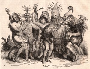 Groep Braziliaanse wilden dansend met kostuums, maskers en traditionele hoofdtooien door Unknown
