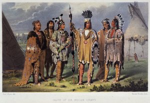 Groep van zes Indiaanse stamhoofden - in "Wandering of an artist among the indians of north america" door Paul Kane, Longmans & Roberts, Londen door Unknown artist