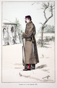 Vredesbewakers mobiliseren (1871). Kleurgravure, ter illustratie van het boek Histoire du corps des gardiens de la paix, gepubliceerd onder auspiciën van Louis Lepine (1846-1933) prefect van politie van de Seine, door Alfred Rey (1864-?) en Louis Feron (18 door Unknown artist