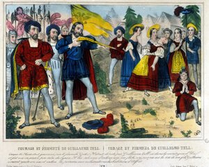 Guillaume Tell (legendarische held van de Zwitserse onafhankelijkheid). De barbaar Gesler dwingt Guillaume Tell om met een pijl een appel van het hoofd van zijn kind te schieten. Gravure uit de 19e eeuw door Unknown artist