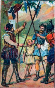 Willem Tell (legendarische held van de Zwitserse onafhankelijkheid) weigerde te buigen voor de hoed. Chromolithografie uit het einde van de 19e eeuw.