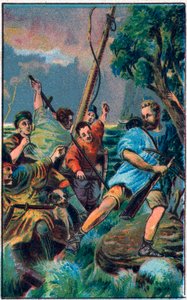 Guillaume Tell (Wilhelm Tell) (legendarische held van de Zwitserse onafhankelijkheid) ontsnapt uit de boot van Gessler. Chromolithografie van de late 19e eeuw door Unknown artist