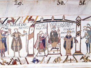 Harold II (1022 - 1066) werd uitgeroepen tot koning na de dood van Edward de Belijder in 1066 maar stierf al snel in de Slag bij Hastings. Tapijt van Bayeux of Borduurwerk door Koningin Mathilde