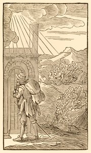 Hij die wil binnengaan moet eerst buiten staan kloppen aan de poort... uit The Pilgrims Progress From This World, To That Which Is To Come door John Bunyan door Unknown