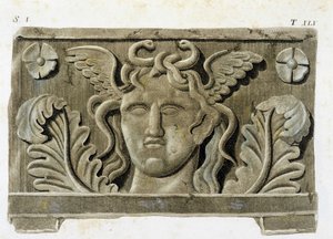 Hoofd van Medusa, een van de drie Gorgonen, stenen bas-reliëf - in "Monumenti Etruschi"