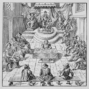 Hendrik III (1551 - 1589) houdt de Staten-Generaal in Blois in 1576 - in Collection of 39 figures representing the calamities of France from 1562 to 1586; Louis Perrin imprimerie