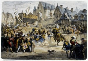 Henri II (1519 - 1559) dodelijk gewond door Montgomery tijdens het toernooi van 29 juni 1559, rue St Antoine, voor het Palais des Tournelles - lithografie door Unknown artist