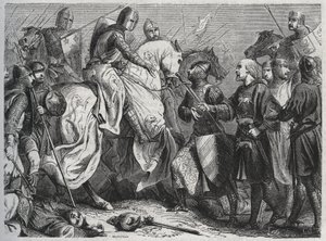 Hendrik III wordt gevangengenomen door Simon V van Montfort in Lewes, Sussex 1264 - gravure 1864.