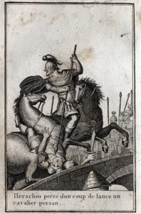 Heraclius I, Byzantijnse keizer, doorboort een Perzische ruiter (oorlog tegen de Perzen), 7e eeuw. Gravure in 