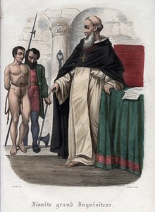 Ketterse gevangene en Jezuïet Grootinquisiteur tijdens het bewind van paus Clemens VIII (1592-1605). Gravure uit 1842 in Histoire des popes door Maurice Lachatre. Privécollectie.