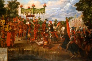 Hernan Cortes ontmoet Keizer Moctezuma