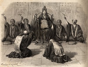 Hoge boeddhistische priester die aanbeden wordt, omringd door zijn discipelen die het ritueel ritmeren met gong en bekkens. Gravure ter illustratie van de reis naar Japan in 1863-1864, door Aime Humbert, minister van de Zwitserse Confederatie, in 