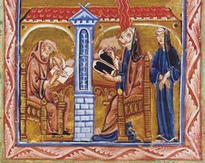 Hildegard van Bingen ontvangt een visioen in aanwezigheid van haar secretaris Volmar en haar vertrouwelinge Richardis