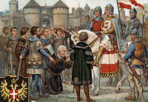 Historische episodes van beroemde steden: Rudolf van Habsburg (Rodolph I van het Heilige Rijk 1218-1291) nam bezit van Wenen (1276). Rodolph I was koning van de Romeinen en door bezit te nemen van de stad Wenen stichtte hij de macht van de Habsburgers. Chr door Unknown artist