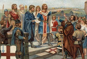Historische episodes van beroemde steden: Alfred de Grote (849-899) geeft Londen terug aan zijn oorspronkelijke bewoners (886), de 