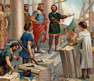 Historische episodes van beroemde steden: Clovis kiest Parijs als permanente residentie (in 508). Chromolithografie uit de 19e eeuw door Unknown artist