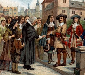 Historische episodes van beroemde steden: De Grote Keurvorst, Frederik Willem I van Brandenburg (1620-1688), ontving Franse emigranten in Berlijn (1685). Hij verwelkomde Franse protestanten die, na de herroeping van het Edict van Nantes, Frankrijk hadden v door Unknown artist