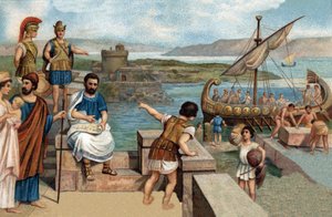Historische episodes van beroemde steden: De Megareërs (mensen van Megar, Griekse stad in Attica) stichtten Byzantium (667 v.Chr.) op de westelijke oever van de Cimmerische Bosporus, waar het Thracische fort Byzas stond. Chromolithografie uit de 19e eeuw.