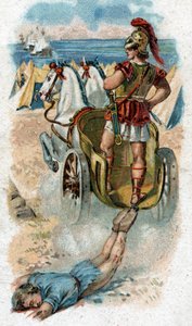 Geschiedenis van het leven van Achilles, legendarische held van de Trojaanse Oorlog: Achilles sleept het lichaam van Hector achter zijn wagen. Chromolithografie uit 1890. door Unknown artist