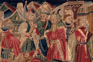 Geschiedenis van Sint Piat en Sint Eleuthère, Scene 14: De pest verwoest de stad Doornik (Tribuns voit sa fille retraire des crestiens et elle atraire a sa loy dont la mors soudaine en fut tost as paiens prochaine) (detail)