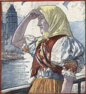 Geschiedenis van immigratie in Amerika: een jonge immigrantenvrouw komt aan in Ellis Island met New York in de verte Illustratie uit "Le Pelerin" 15 april 1934 Privécollectie