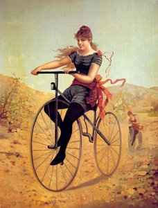 Geschiedenis van de fiets: velocipedist of een vrouw die op een fiets trapt