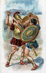 Geschiedenis van het leven van Achilles, legendarische held van de Trojaanse Oorlog: Achilles vecht tegen Hector om de dood van Patroclus te wreken. Chromolithografie uit 1890.
