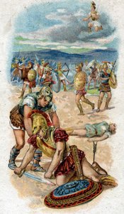 Geschiedenis van het leven van Achilles, legendarische held van de Trojaanse Oorlog: dood van Achilles, aan de voet van de muren van Troje, zijn hiel, zijn zwakke punt, doorboord door een pijl geschoten door Paris. Chromolithografie van 1890