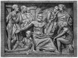 Homerus zingend met zijn lier in een stad in Ionië. Gravure naar het bas-reliëf van Mr. Hugues, grote beeldhouwprijs van de schoolwedstrijd van 1875. door Unknown artist