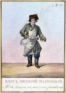 Honing- en frambozendrankverkoper in Rusland in de 19e eeuw. Illustratie uit de 19e eeuw.