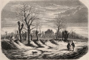 Huis van George Sand (1804-1876) (Aurore Dupin), Barones Dudevant in Nohant Vic in de Indre (36). Gravure in 