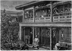 Huis van een rijke Chinese handelaar; Gravure in 