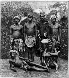 Menselijke dierentuin: groep Hottentotmannen (Zuid-Afrika) tentoongesteld in de Jardin d