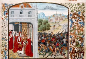 Honderdjarige Oorlog: paus Gregorius XI gekroond in Avignon in 1370. De slag bij Pontvallain tussen Fransen en Engelsen op 4/12/1370 door Unknown artist