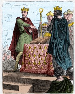 Honderdjarige Oorlog: Verdragen van Bretigny op 8 mei 1360, in het kasteel van Bretigny (bij Chartres), tussen de gevolmachtigden van koning Edward III van Engeland en die van Charles, zoon van koning Jan II van Frankrijk. door Unknown artist
