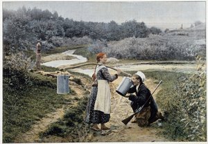 Jager en meisje bij de fontein (Rusland) - fotografie, eind 19e eeuw door Unknown artist