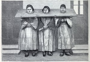 Jacht in China: de cangue, een martelwerktuig (een soort schandpaal) toegepast op moeders die kindermoord hebben gepleegd. Gravure in 
