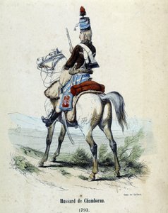 Hussard de Chamboran in 1793 te paard. door Unknown artist
