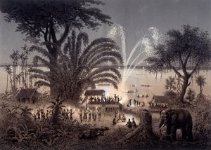Verlichting van de rivier tijdens het Festival van Bassac, Siamese Laos. In "Atlas van de ontdekkingsreis in Indochina uitgevoerd tijdens de jaren 1866-1868" gepubliceerd onder leiding van F. Garnier 1873 door Unknown artist