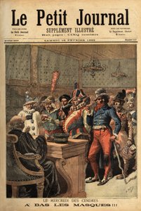 Illustratie voor Aswoensdag, na het Carnaval van Mardi Gras, passeren de feestkostuums voor de rechter om zichzelf te onthullen. Gravure in Le petit journal 18/02/1893. Selva