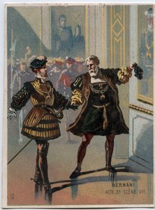Illustratie van Ernani door de Italiaanse componist Giuseppe Verdi (1813-1901), act 3, scène VI opera gecreëerd in 1844 na de tragedie Hernani door Victor Hugo. Chromolithografie uit het einde van de 19e eeuw.